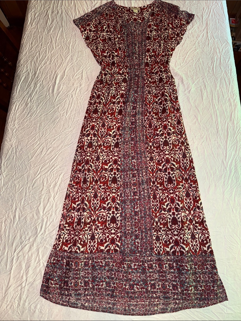 Lucky Brand Boho Batik Burgundy and Cream Maxi Dress